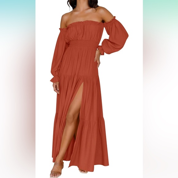 Off Shoulder Long Sleeve Smocked High Waist Side Split Flowy Long Maxi dress - Picture 1 of 7
